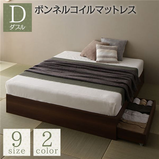 スーパSALE10倍＆4時間限定10％OFF ベッド ブラウン ダブル ボンネルコイルマットレス付き 収納付き 引き出し付き キャスター付き 木製 ヘッドレス シンプル 和 モダン