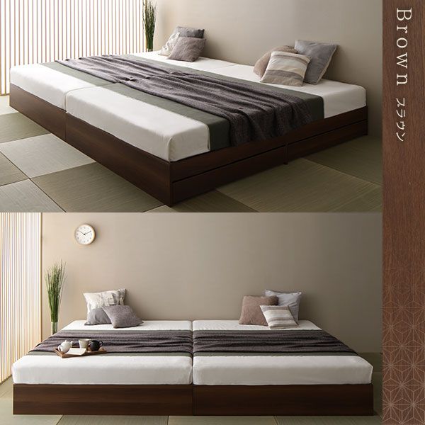 スーパSALE10倍＆4時間限定10％OFF ベッド ブラウン セミダブル ポケットコイルマットレス付き 収納付き 引き出し付き キャスター付き 木製 ヘッドレス シンプル 和 モダン