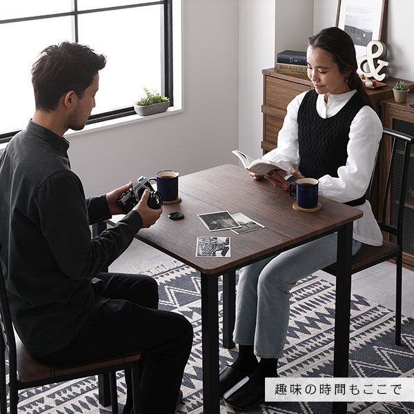 ダイニング セット 3点 テーブル 幅70cm チェア 2脚 ブラウン×ブラック シンプル モダン ヴィンテージ 木製 スチール デザイン 2人掛け 組立品