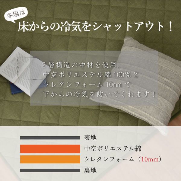 こたつ敷布団/キルトラグマット 3畳 先染め カーキ 約190×240cm 綿100％ 洗える 床暖房可 防滑 〔リビング〕代引NG