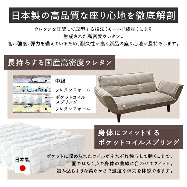日本製 リクライニングソファー/カウチソファー 2人掛け オットマン付き コールテン生地 ネイビー 脚部：ナチュラル 幅131cm 国産 ソファ ソファー おしゃれ ポケットコイル ローソファ 北欧 リビング ひとり暮らし 代引NG