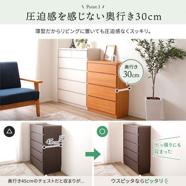 頑丈薄型チェスト/収納棚 5段 幅75cm ホワイト木目調 奥行30cm 日本製 『ウスピッタ』 完成品 転倒防止具付き
