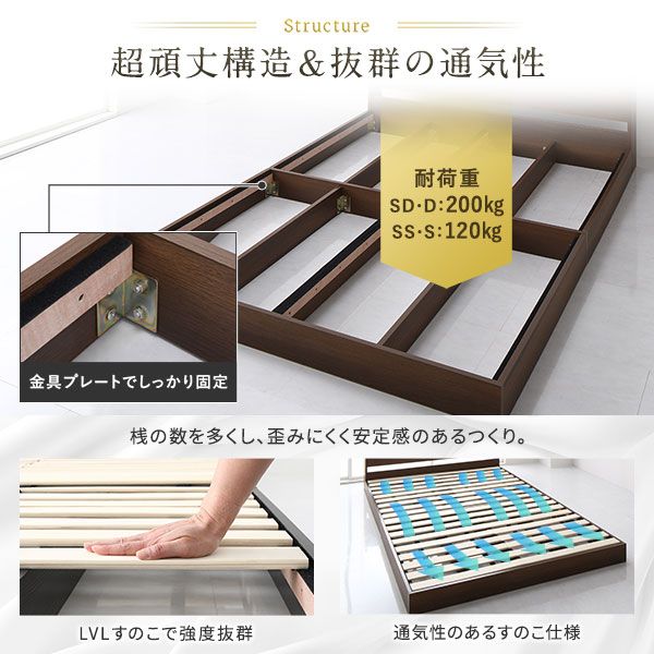 スーパSALE10倍＆4時間限定10％OFF ベッド 低床 ロータイプ すのこ 木製 LED照明付き 宮付き 棚付き コンセント付き シンプル モダン ブラック シングル ベッドフレームのみ