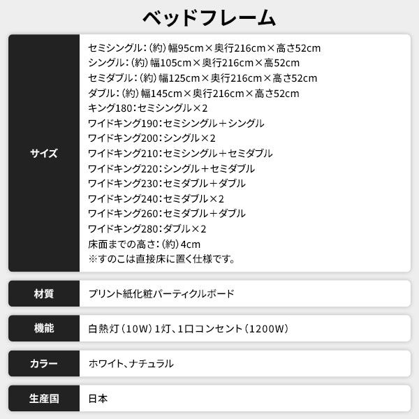 ベッド 日本製 低床 連結 ロータイプ 木製 照明付き 棚付き コンセント付き シンプル モダン ホワイト ワイドキング200（S+S） 海外製ボンネルコイルマットレス付き代引NG