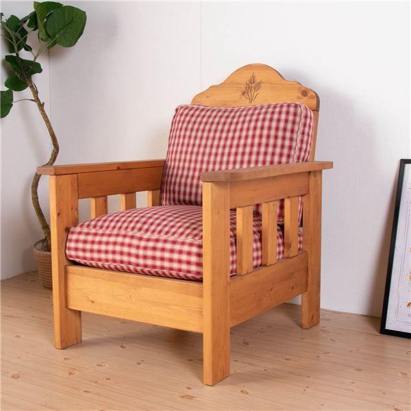 スーパSALE10倍＆4時間限定10％OFF ソファー 75×85×96cm 1人掛け ナチュラルブラウン チェック柄 木製 肘付き 脚付き オイル塗装 カントリー風 組立品 リビング