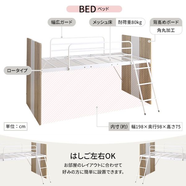 システムベッド ロフトベッド 3点セット ナチュラル ロータイプ シングル ベッド デスク 学習机 収納棚 ワゴン レイアウト自由 省スペース 木製 子供部屋 家具代引NG