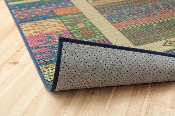 い草 ラグマット/絨毯 ギャベ ブルー 約191×250cm 自然素材 抗菌 防臭 滑り止め 不織布 調湿機能 〔リビング〕代引NG