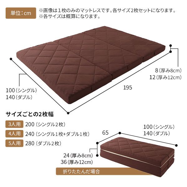 ファミリータイプ マットレス 幅200cm シングル×2枚 3人用・ブラウン 厚さ8cm 日本製 連結 抗菌 防臭 防ダニ 折りたたみ代引NG