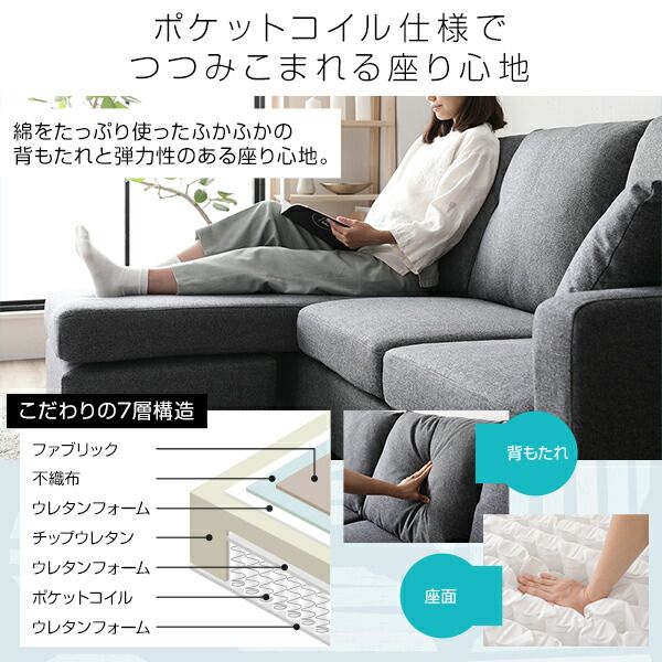 カウチソファー ローソファ— 3人掛け 約幅183cm ブルー オットマンスタイル可 肘付き クッション付き ポケットコイル仕様 フロアソファー リビング家具代引NG