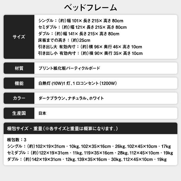 ベッド 日本製 収納付き 引き出し付き 木製 照明付き 棚付き『BERDEN』 ベルデン セミダブル 日本製ボンネルコイルマットレス付き ホワイト 代引NG