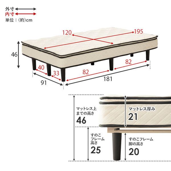 ポケットコイルマットレスベッド セミダブル グレー 約幅120×奥行195×高さ46cm 組立品 ベッドルーム 寝室 子供部屋代引NG