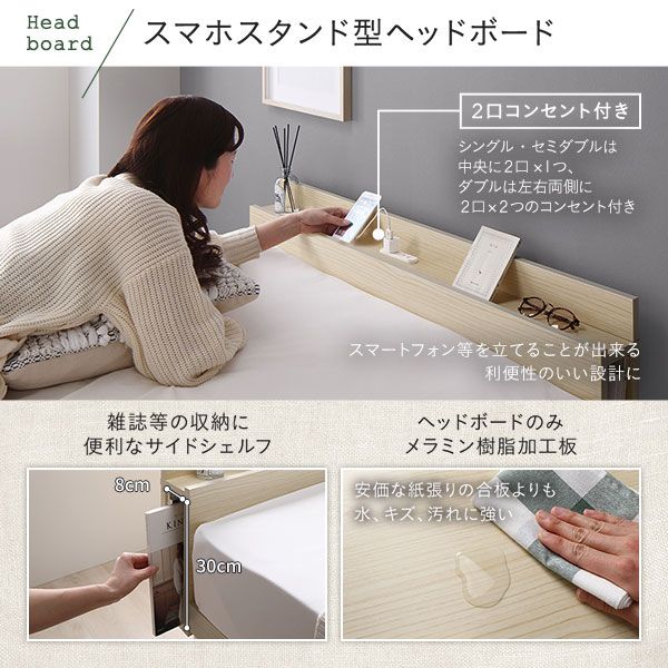 スーパSALE10倍＆4時間限定10％OFF ベッド すのこベッド ダブルベッド ダブル ポケットコイルマットレス付き ブラウン すのこ 棚付き 宮付き 2口 コンセント付き ２段階 高さ調整可 スマホスタンド型ヘッドボード 頑丈 木製 ベッド下収納