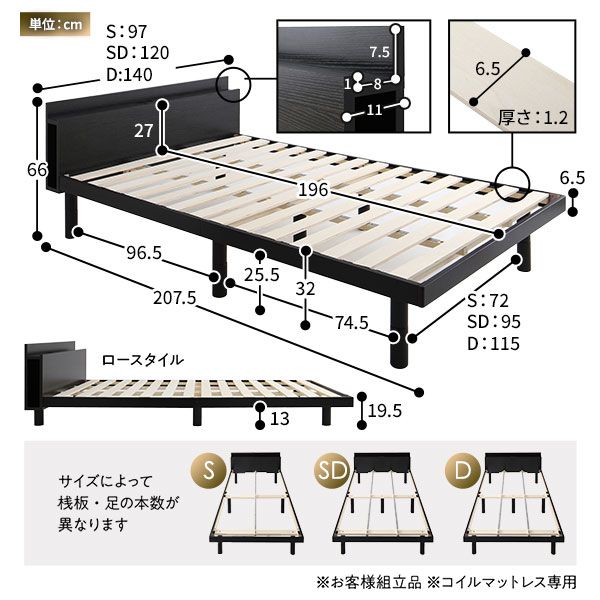 スーパSALE10倍＆4時間限定10％OFF ベッド すのこベッド ダブルベッド ダブル フレームのみ ブラック すのこ 棚付き 宮付き 2口 コンセント付き ２段階 高さ調整可 スマホスタンド型ヘッドボード 頑丈 木製 ベッド下収納