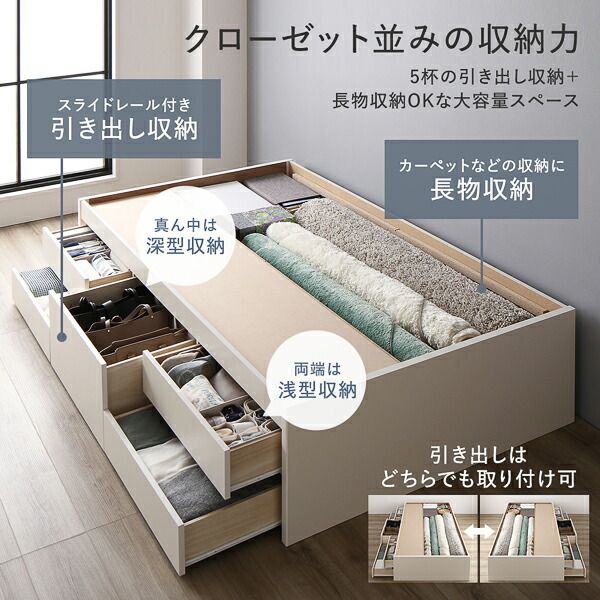〔お客様組み立て〕 収納 ベッド チェストベッド ヘッドレス  シングル 国産ポケットコイルマットレス付き ホワイト 収納付き 引き出し付き 大容量 収納 すのこ 日本製 収納ベット チェストベット シングルベッド 代引NG