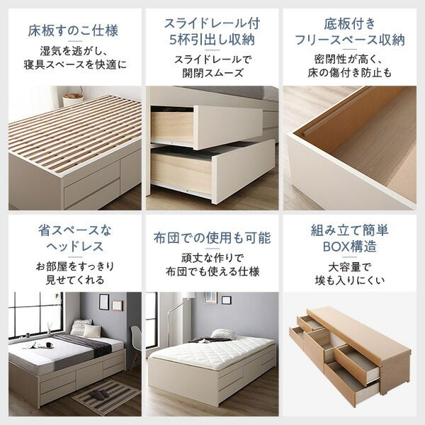 〔組立設置付き〕 収納 ベッド チェストベッド ヘッドレス シングル フレームのみ ナチュラル 収納付き 引き出し付き 大容量 収納 すのこ シングルベッド 日本製代引NG