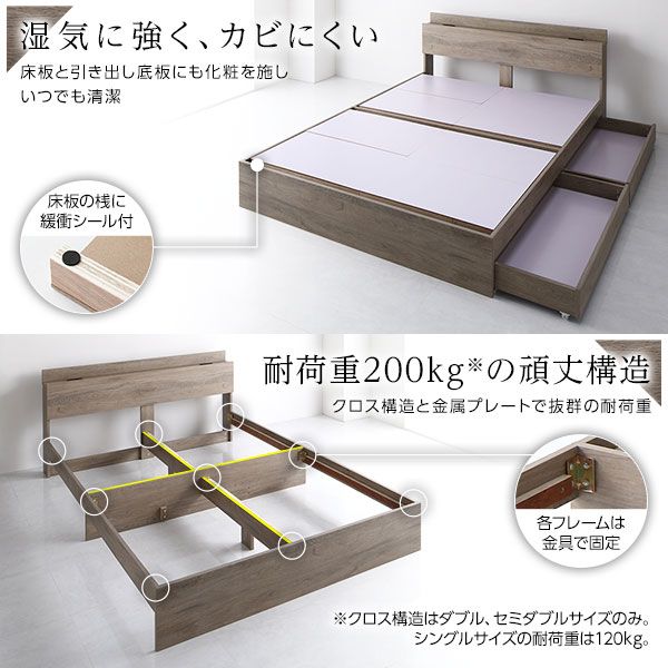 スーパSALE10倍＆4時間限定10％OFF ベッド セミダブル ボンネルコイルマットレス付き グレージュ 収納付き 引き出し付き 棚付き 宮付き コンセント付き 木目調