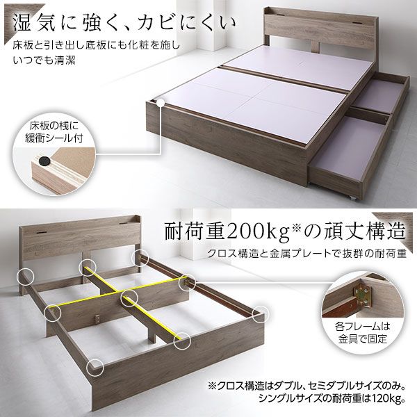 スーパSALE10倍＆4時間限定10％OFF ベッド 収納ベッド ダブル ボンネルコイルマットレス付き グレージュ 収納付き 引き出し付き 棚付き 宮付き ２口 コンセント付き 頑丈 木製 オーク柄 ダブルベッド