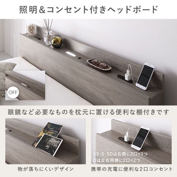 スーパSALE10倍＆4時間限定10％OFF ベッド ローベッド ダブル ボンネルコイルマットレス付き グレージュ 低床 ロータイプ すのこ 木製 LED 照明付き 棚付き 宮付き ２口 コンセント付き 頑丈 木目調 フロアベッド ダブルベッド