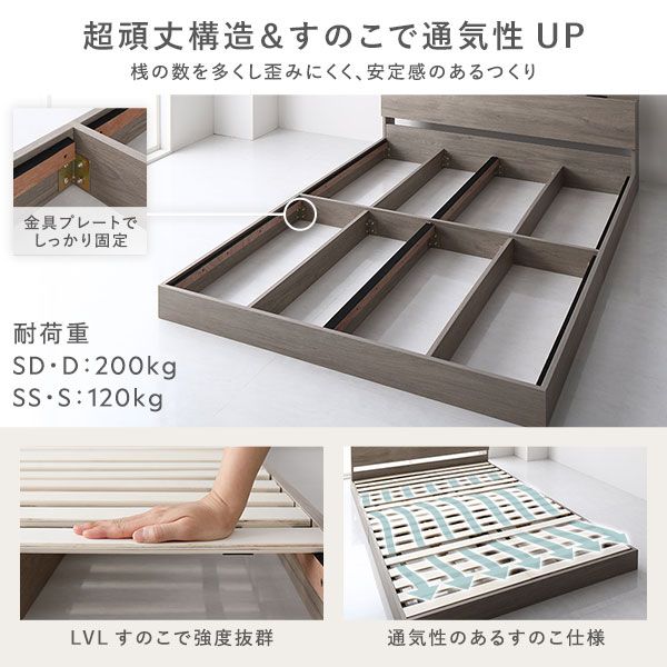 スーパSALE10倍＆4時間限定10％OFF ベッド ローベッド シングル ベッドフレームのみ グレージュ 低床 ロータイプ すのこ 木製 LED 照明付き 棚付き 宮付き ２口 コンセント付き 頑丈 木目調 フロアベッド シングルベッド