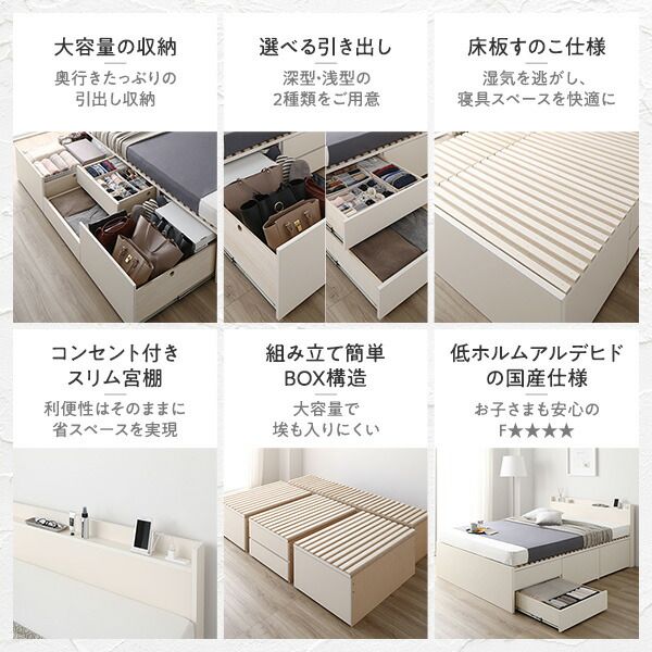 〔要組立〕 収納 ベッド シングル 国産薄型ポケットコイルマットレス付き ホワイト AAB 引き出し 棚付き 宮付き 2口 コンセント付き すのこ仕様 低ホルムアルデヒド 大容量 収納 日本製 チェストベッド シングルベッド代引NG