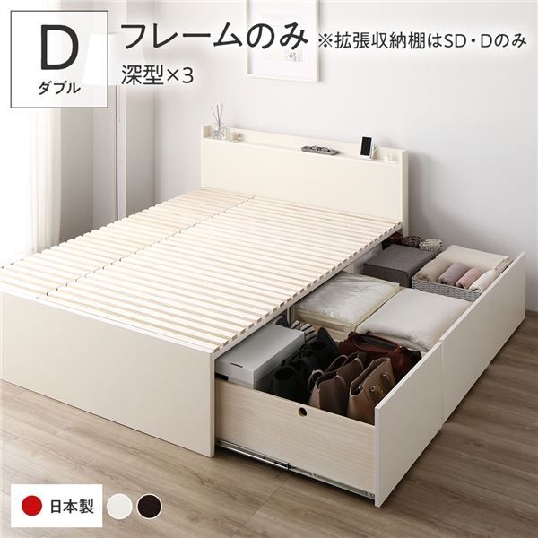 〔要組立〕 収納 ベッド ダブル フレームのみ ホワイト AAA 引き出し 棚付き 宮付き 2口 コンセント付き すのこ仕様 低ホルムアルデヒド 大容量 収納 日本製 チェストベッド ダブルベッド代引NG