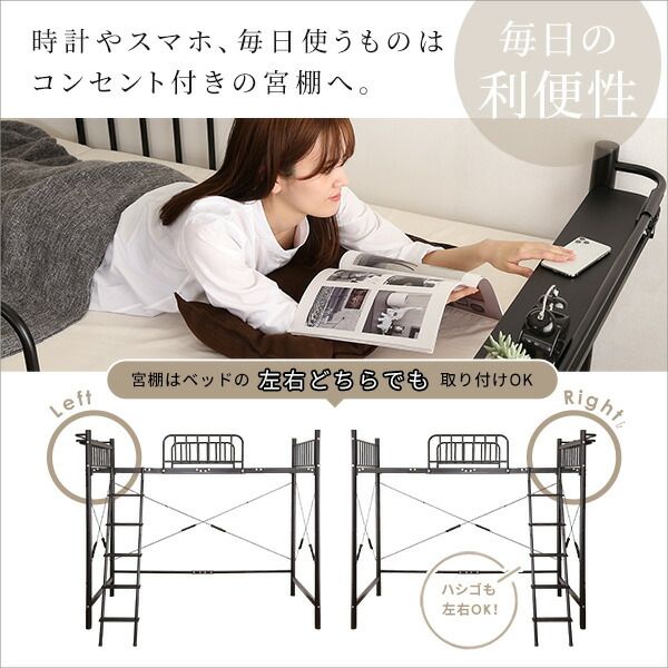ロフトベッド シングル ベッドフレームのみ ホワイト 宮付き 棚付き 宮棚付き 高さ調整可 ハイタイプ ミドルタイプ 2口 コンセント付き メッシュ床 組立品 パイプロフトベッド シングルベッド パイプベッド ロフトベット代引NG