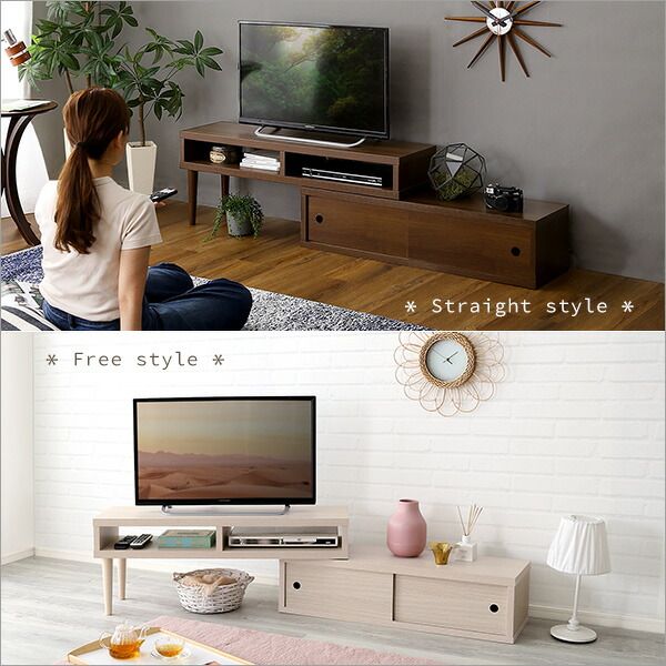テレビ台 ローボード 伸縮式 引き戸タイプ オーク スリム コンパクト オープン収納 テレビボード テレビラック TVボード リビング収納 リビング家具 完成品代引NG