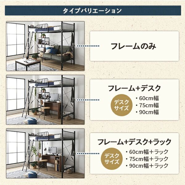 ロフトベッド シングル ベッド+デスク90cm+ラック ボンネルコイルマットレス付き ベッド：ホワイト デスク＆ラック：シャビーオーク 2段階 高さ調節可 宮付き 棚付き 2口 コンセント付き 頑丈代引NG