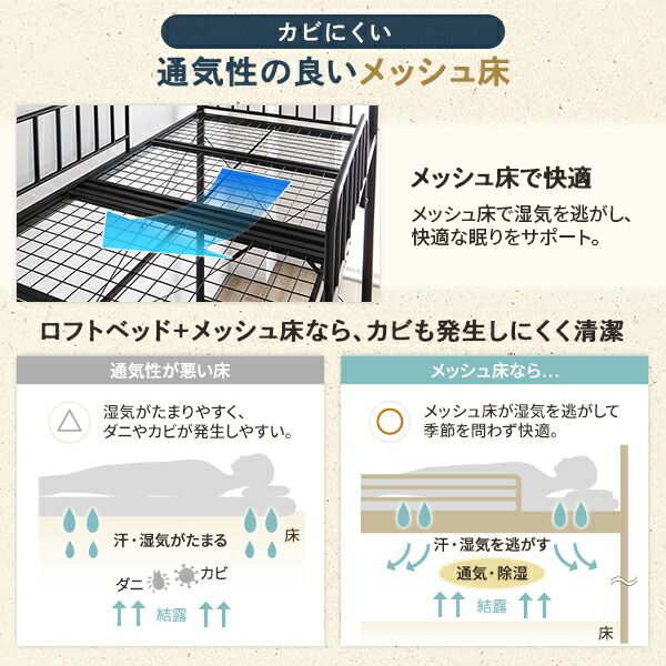 ロフトベッド シングル ベッド+デスク75cm+ラック ポケットコイルマットレス付き ベッド：ホワイト デスク＆ラック：シャビーオーク 2段階 高さ調節可 宮付き 棚付き 2口 コンセント付き 頑丈代引NG