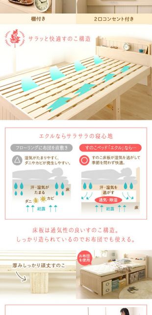 ベッド セミダブル ボンネルコイルマットレス付き ナチュラル 木製 天然木 パイン材使用 宮付き 棚付き 宮棚付き 2口 コンセント付き 高さ調整可 ベッド下収納可 布団対応 すのこベッド ベット セミダブルベッド SDベッド代引NG