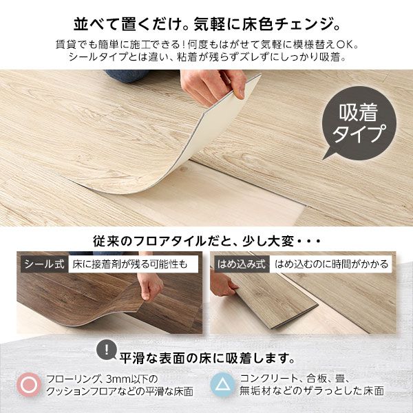 〔72枚入〕 フロアタイル 床材 6畳分 約91.4×15.2cm グレー ウッド調 置くだけ 接着剤不要 吸着タイプ カット可 すべり止め付き お手入れ簡単 木目 DIY 賃貸 リフォーム リメイク代引NG