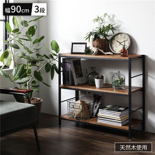 オープン ラック 3段 約幅90cm×奥行35cm×高さ82.5cm 天然木 桐材 スチール アンティーク仕上げ ヴィンテージテイスト アジャスター付き オープンシェルフ インテリア家具 ディスプレイラック 収納棚 収納家具 組立品代引NG