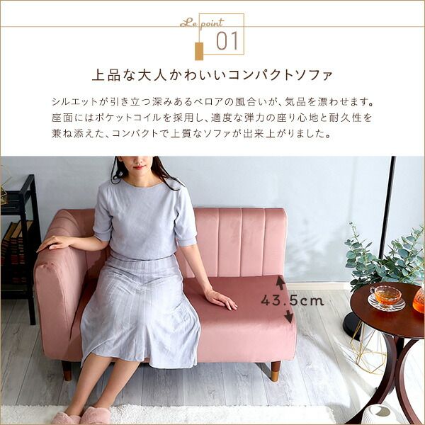 片肘付き ソファー 2人掛け 幅112cm グレー 脚：ブラウン コンパクト ポケットコイル ベロア調生地 日本製 国産 完成品 脚のみ組立て 2人掛けソファー コンパクトソファー 代引NG