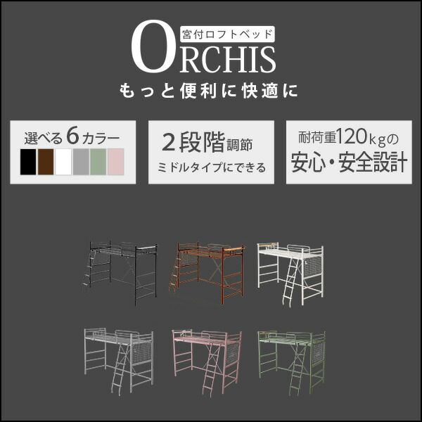 ロフトベッド シングル ベッドフレームのみ グリーン 高さ調整可 ハイタイプ ミドルタイプ 2口 コンセント付き 宮付き 棚付き 宮棚付き 組立品 マットレス別売 パイプロフトベッド シングルベッド パイプベッド ロフトベット代引NG