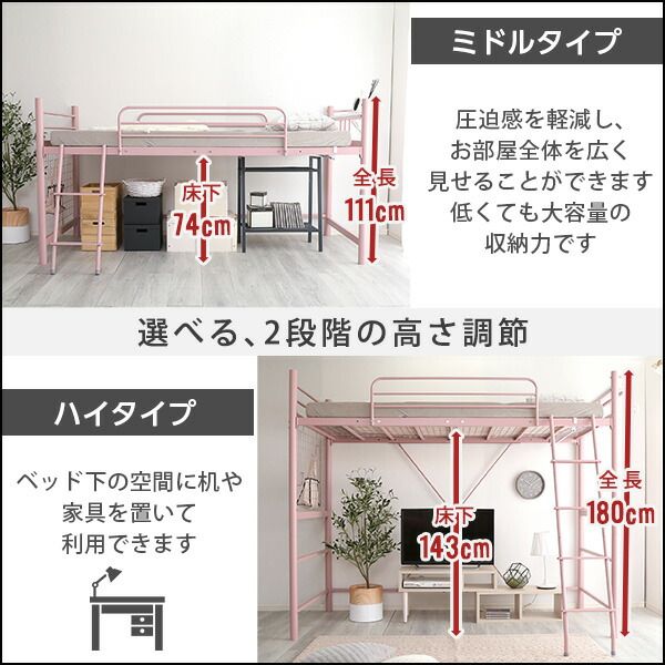 ロフトベッド シングル ベッドフレームのみ グリーン 高さ調整可 ハイタイプ ミドルタイプ 2口 コンセント付き 宮付き 棚付き 宮棚付き 組立品 マットレス別売 パイプロフトベッド シングルベッド パイプベッド ロフトベット代引NG