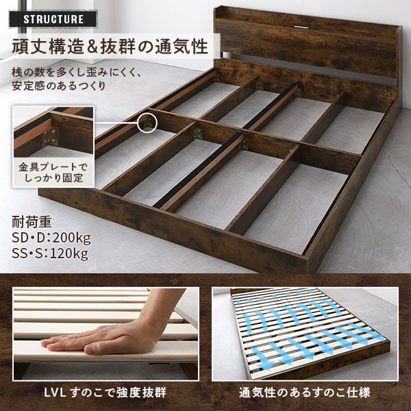 スーパSALE10倍＆4時間限定10％OFF ベッド ローベッド セミダブル ベッドフレームのみ ヴィンテージブラウン 低床 すのこ LED 照明付き 宮付き 棚付き 宮棚付き 2口 コンセント付き フロアベッド 低床ベッド すのこベッド  セミダブルベッド セミ