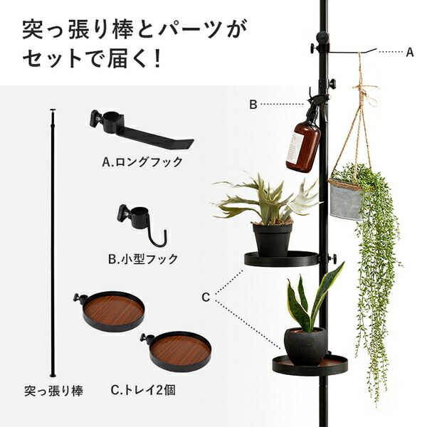スーパSALE10倍＆4時間限定10％OFF 突っ張りラック 丸型 5点セット（突っ張り棒・トレイ×2個・ロングフック・小型フック） ブラウン×ブラック 組立品【代引NG】
