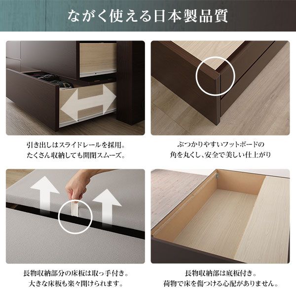 〔 お客様組立〕 収納 ベッド 薄型 宮付  シングル 国産 ポケットコイルマットレス付 シャビーオーク 日本製 2口 コンセント 棚付 宮棚付 引き出し収納 頑丈ボックス収納 チェストベッド チェストベット 収納ベット ショートシングルベッド代引NG