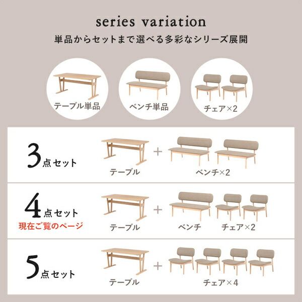 ダイニング4点セット(テーブル×1、ベンチ×1、チェア×2) ベージュ 組立品代引NG