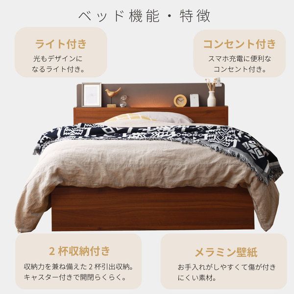 棚照明付き 収納ベッド シングル ポケットコイルマットレス付き グレー 組立品代引NG