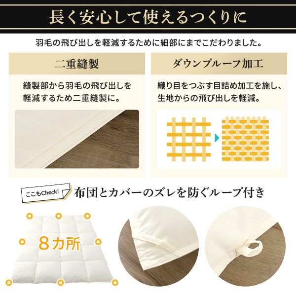 羽毛布団 掛け布団 シングル ブラウン ダウン率93% 400dp パワーアップ加工 抗菌 防臭 防ダニ 防汚 日本製 国産 ピーチスキン加工 ループ付き 高品質ホワイトダックダウン採用 二重縫製 掛 布団 ふとん 寝具代引NG