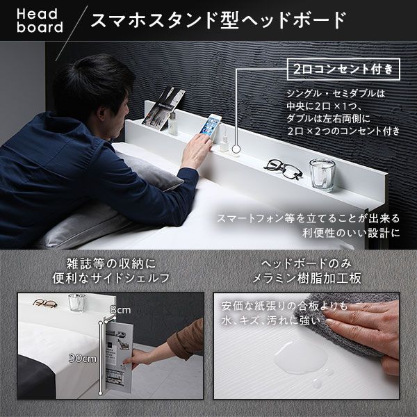 ベッド セミダブル 国産ポケットコイルマットレス付き ホワイト すのこ 棚付き 宮付き 宮棚付き 2口 コンセント付き 高さ調整可 スマホスタンド型ヘッドボード ステーションベッド すのこベッド すのこベット セミダブルベッド セミダブルベット