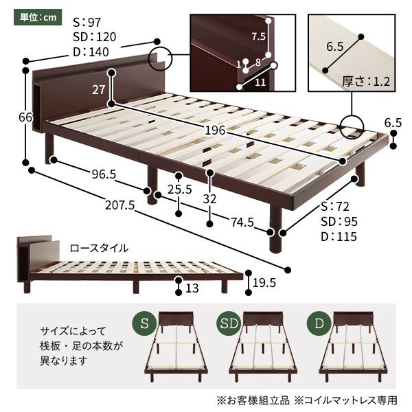 ベッド セミダブル 国産ポケットコイルマットレス付き ブラウン すのこ 棚付き 宮付き 宮棚付き 2口 コンセント付き 高さ調整可 スマホスタンド型ヘッドボード ステーションベッド すのこベッド すのこベット セミダブルベッド セミダブルベット