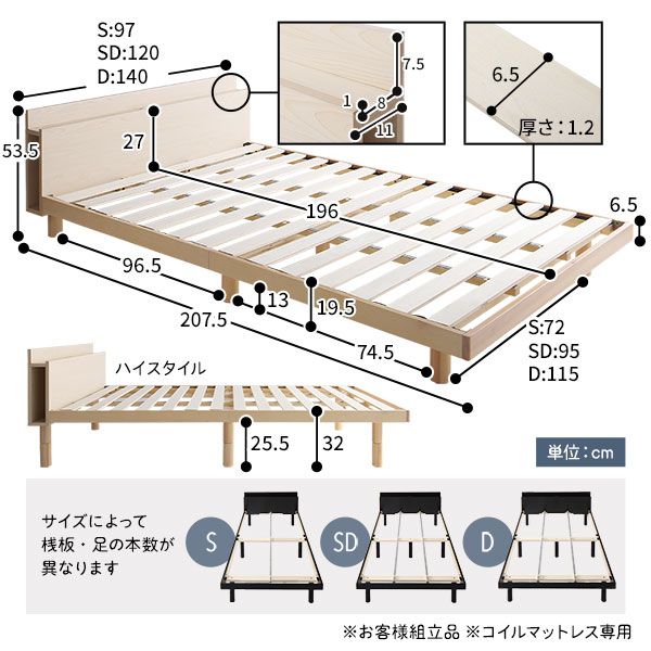 ベッド セミダブル 国産ポケットコイルマットレス付き ブラウン すのこ 棚付き 宮付き 宮棚付き 2口 コンセント付き 高さ調整可 スマホスタンド型ヘッドボード ステーションベッド すのこベッド すのこベット セミダブルベッド セミダブルベット