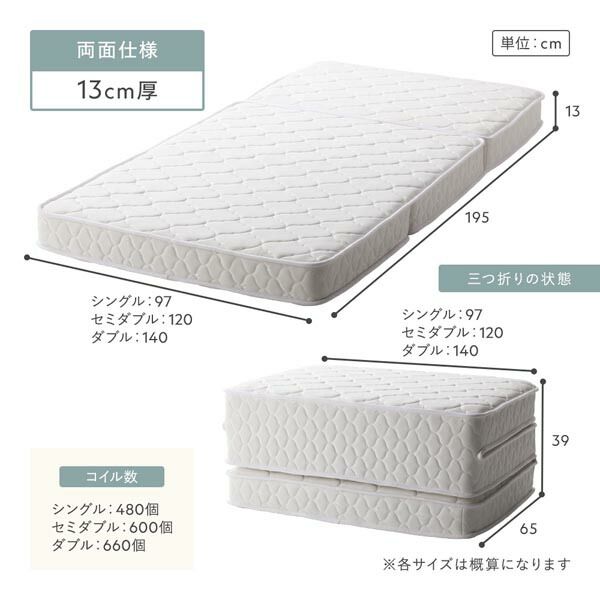 三つ折りポケットコイルマットレス シングル 約W97×D195×H13cm ホワイト代引不可