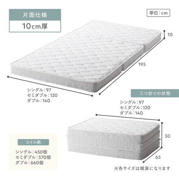三つ折りポケットコイルマットレス シングル 約W97×D195×H13cm ホワイト代引不可
