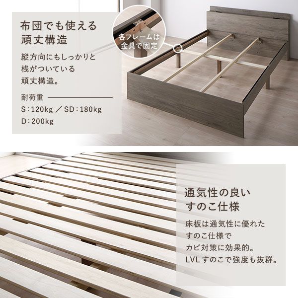 ベッド ワイドキング 240 S＋D 2層ポケットコイルマットレス付 ストーングレー 連結 高さ調整可 コンセント 宮付 宮棚付 棚付 すのこ ベッドフレーム ローベッド すのこベッド フロアベッド 連結ベッド ベット 寝具 インテリア家具 ベッドルーム 寝室