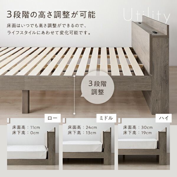 スーパSALE10倍＆4時間限定10％OFF 高さ調整ベッド セミダブル 国産ポケットコイルマットレス付き グレージュ 宮付き コンセント付き 組立品