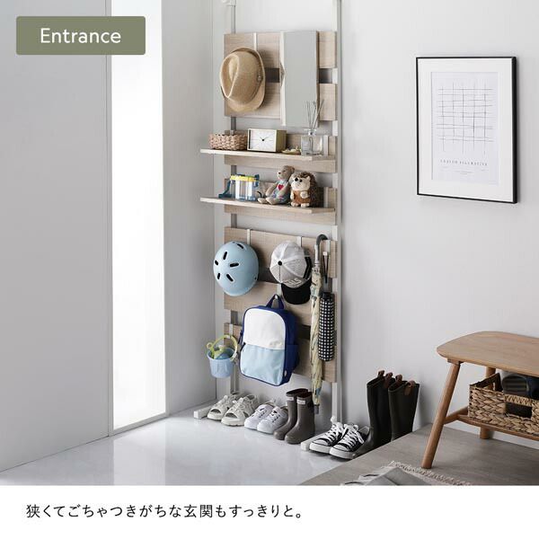 突っ張り ウォールラック 〔 60cm幅 ホワイト×ホワイト 〕 ミラー付 鏡付 壁面収納 棚 賃貸OK 工事不要 ウォールラック パーテーション ディスプレイラック 収納ラック 突っぱり つっぱり ラダーラック 壁面ラック インテリア家具 収納家具 玄関 組立品