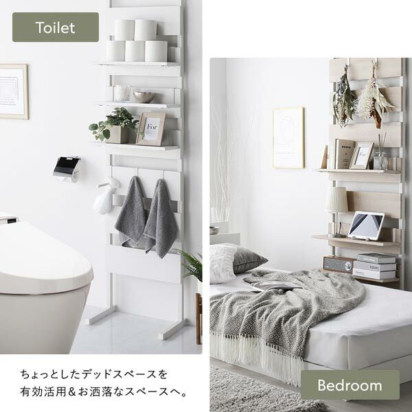 突っ張り ウォールラック 〔 60cm幅 ホワイト×ホワイト 〕 ミラー付 鏡付 壁面収納 棚 賃貸OK 工事不要 ウォールラック パーテーション ディスプレイラック 収納ラック 突っぱり つっぱり ラダーラック 壁面ラック インテリア家具 収納家具 玄関 組立品